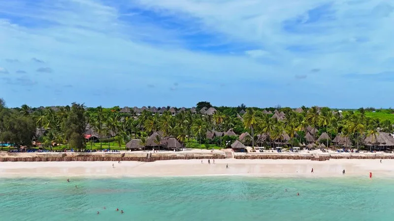 An aerial view of the hotel and surrounding beach.