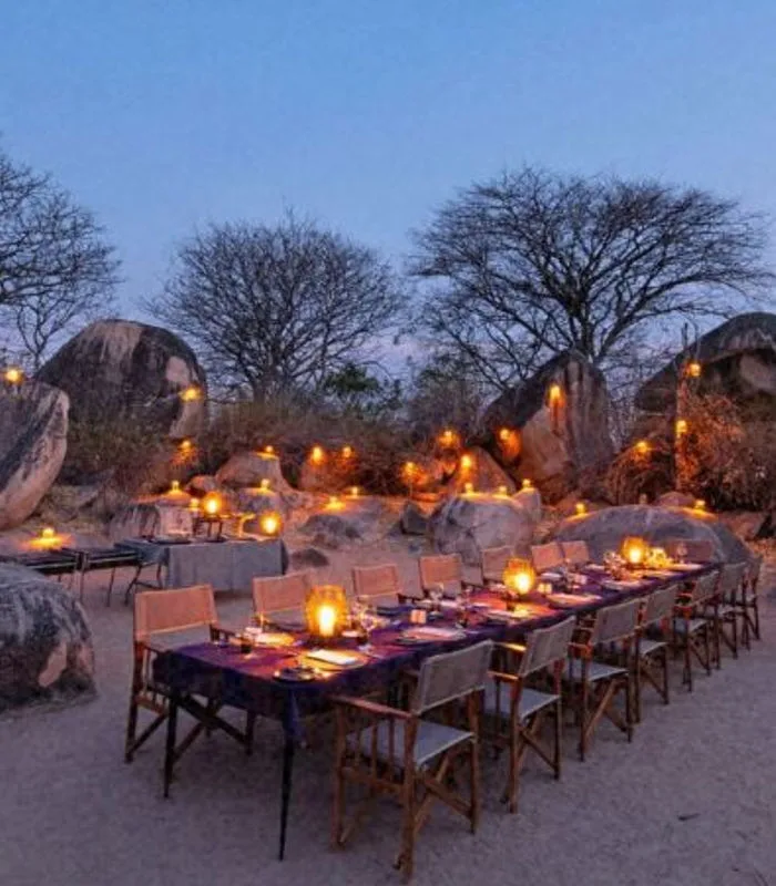 An outdoor dining setup under the African sky